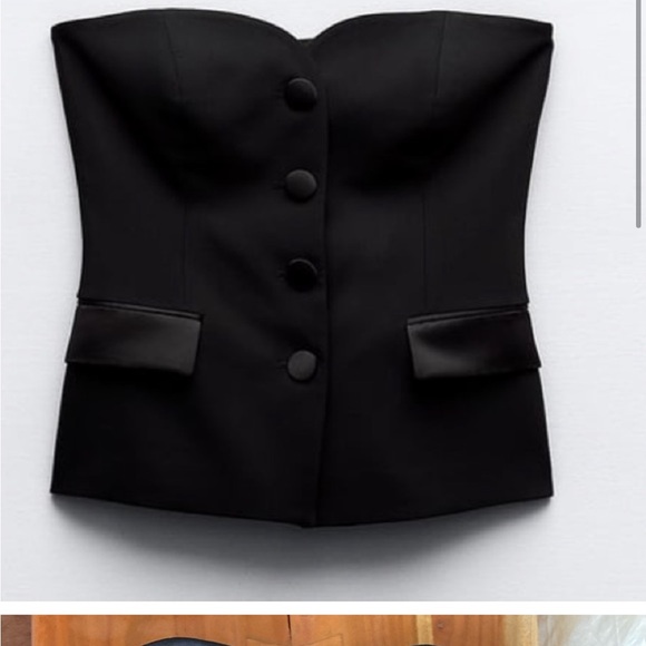 ZARA black strapless top with satin buttons - Picture 2 of 2